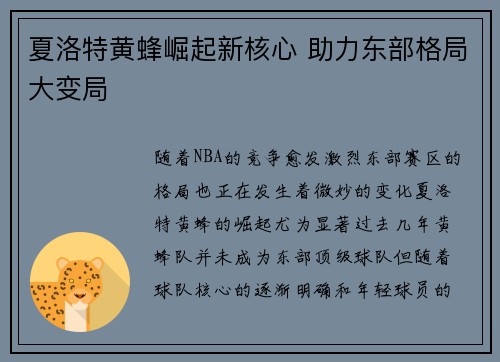 夏洛特黄蜂崛起新核心 助力东部格局大变局